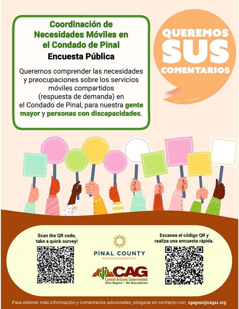 ✅ Please complete the survey form to the best of your ability until August 31. Your responses will help us understand existing service gaps and inform future transportation improvements.

📲Scan the code or click the link below to take the survey. 

surveymonkey.com/r/PinalCountyM…