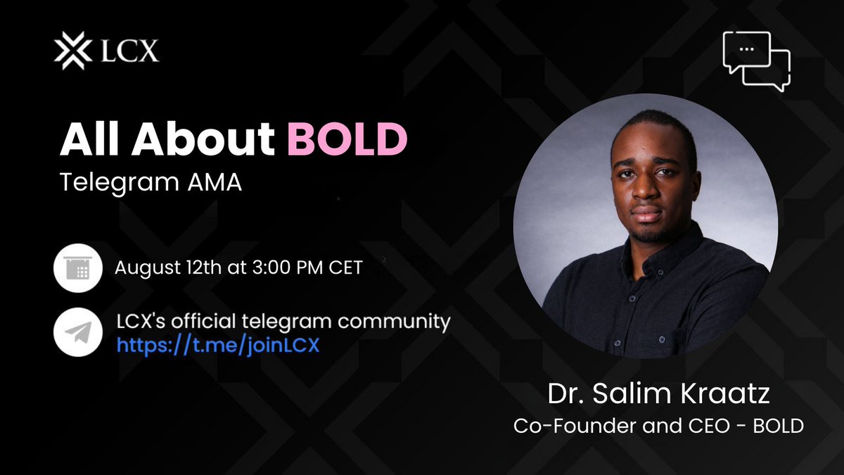 lcx's tweet photo. Get ready for the @theBOLDapp AMA on LCX Telegram!

📅 Mark Your calendars: August 12th, 3:00 PM CET

📍Location: https://t.co/FVJQQe1rpi

We are collecting questions from you. Drop your questions in the comments below. https://t.co/7LgnBqo5mL