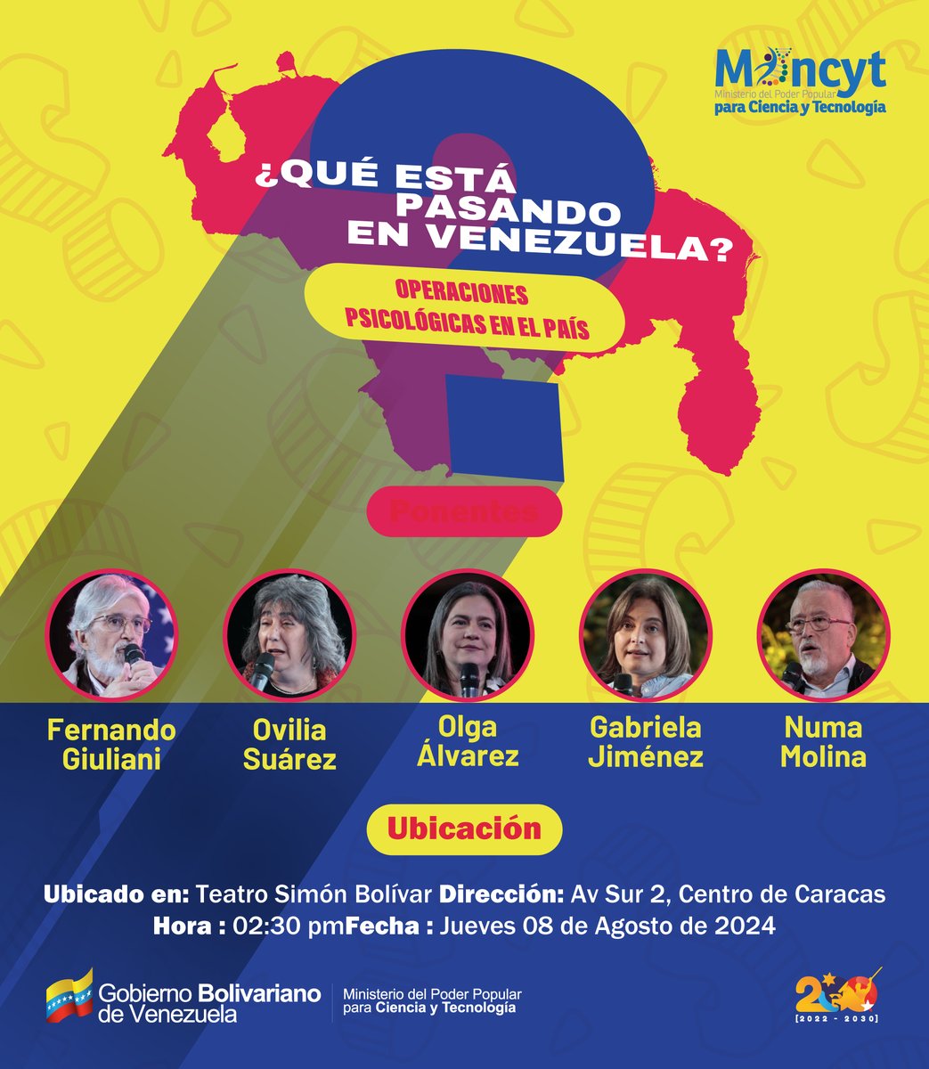 ¡HOY! 

Tenemos una cita en el Teatro Bolívar de Caracas, para conversar sobre "¿Qué está pasando en Venezuela? Operaciones psicológicas en el país".  El espacio servirá para analizar el papel de la derecha en la guerra psicológica y digital.  

 #PuebloSonrienteYEnPaz