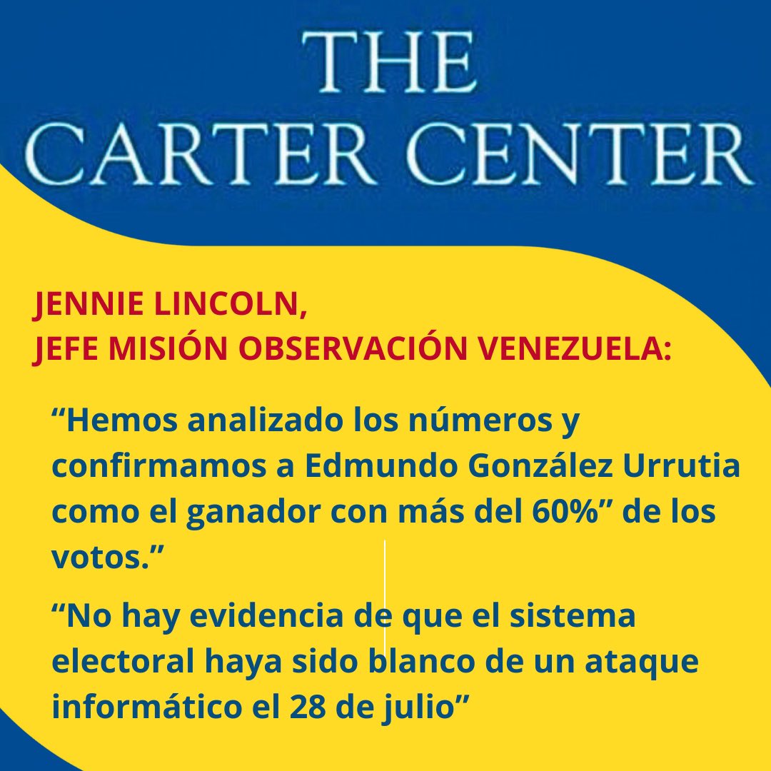 andreina's tweet photo. La jefa de la Misión de Observación Electoral en Venezuela del Centro Carter, Jennie Lincoln, declaró a la agencia AFP que el organismo ha “analizado los números” disponibles junto a otras organizaciones y universidades y “confirma a Edmundo González Urrutia como el ganador con más del 60%” de los votos.

También añadió que "no hay evidencia” de que el sistema electoral de Venezuela haya sido blanco de un ataque informático durante las elecciones del 28 de julio, como ha asegurado - sin pruebas- el Consejo Nacional Electoral.
Recordemos que el Centro CARTER fue invitado por el gobierno de Maduro como observador internacional de los comicios presidenciales del 28 de julio.

#Venezuela #FRAUDE