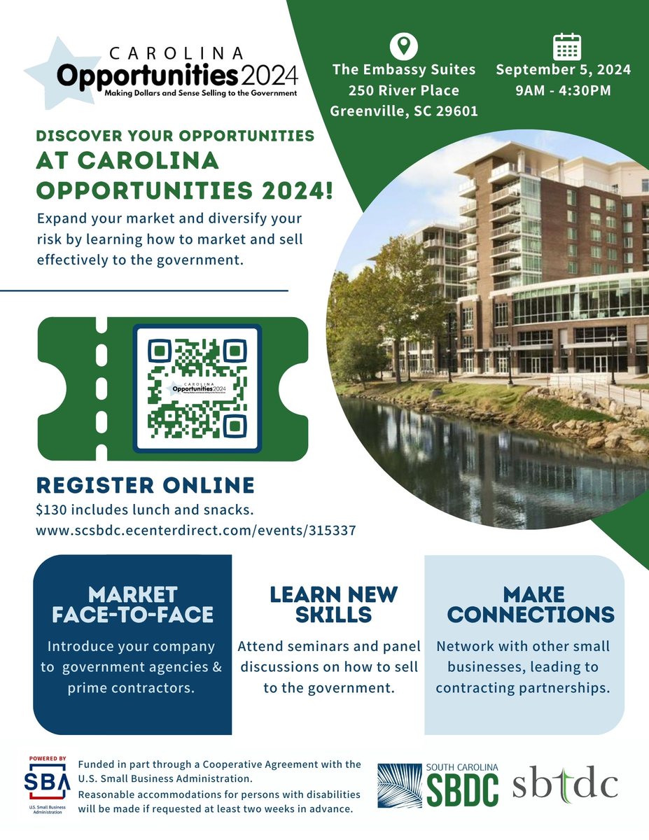 Join the Small Business Development Center on September 5 in Greenville, South Carolina for their Carolina Opportunities 2024 event. Scan the QR code on the picture to get registered and to learn more!