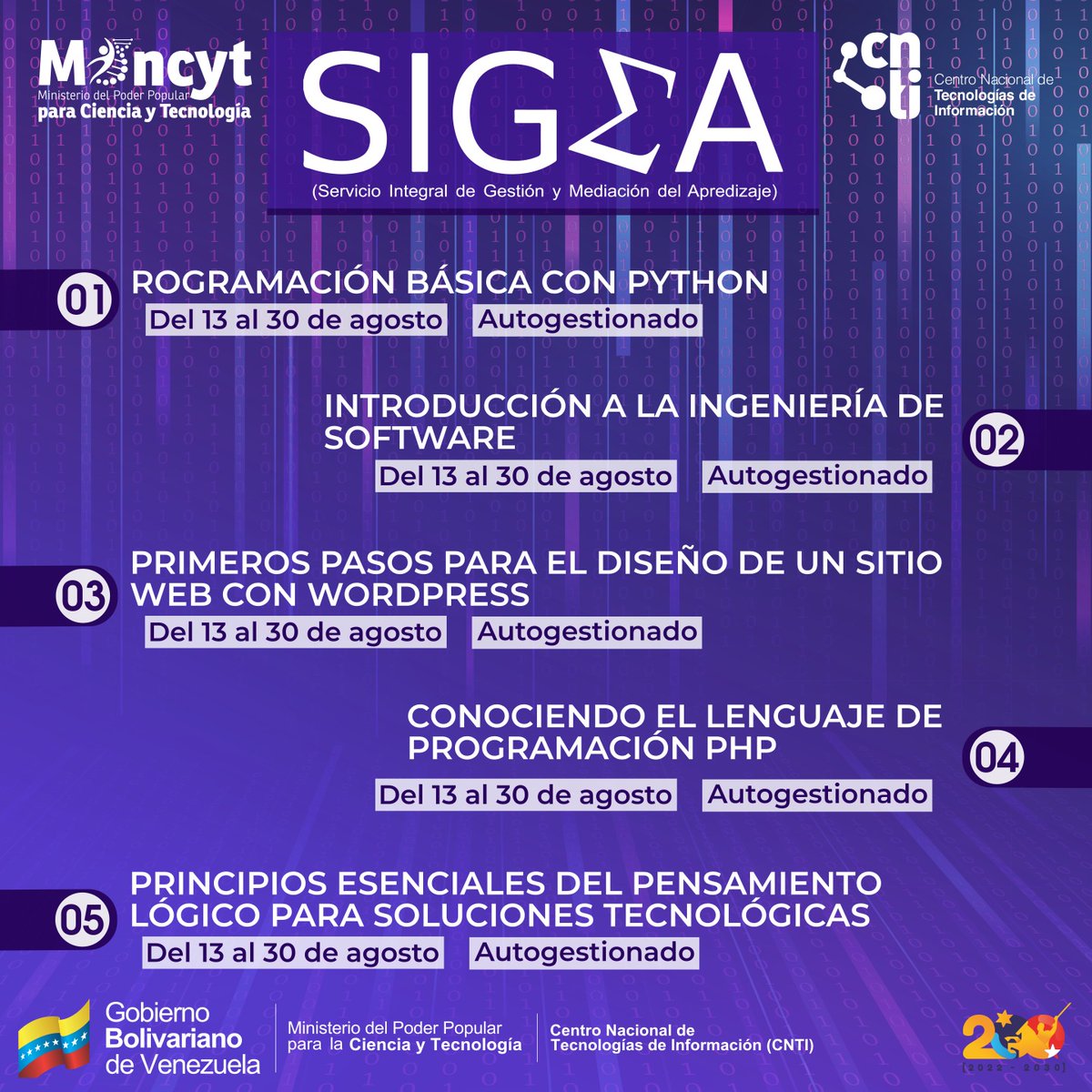 CNTI_VE's tweet image. #08Ago | ¡Descubre los nuevos cursos gratuitos que el CNTI tiene para ti!

Tienes hasta el domingo 11 de agosto 

!Inscríbete ya!

➡️sigmaformulario.cnti.gob.ve