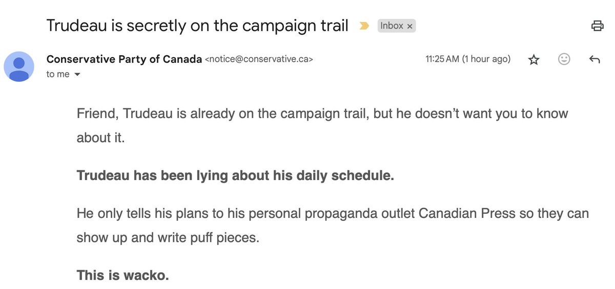 Hilarious fundraising email when you consider that Pierre Poilievre has been rallying across the country for, like, months!

And, uh, "personal propaganda outlet"?? 

Relentless pursuit of power and not giving a shit what you tear down along the way, eh? Cool.