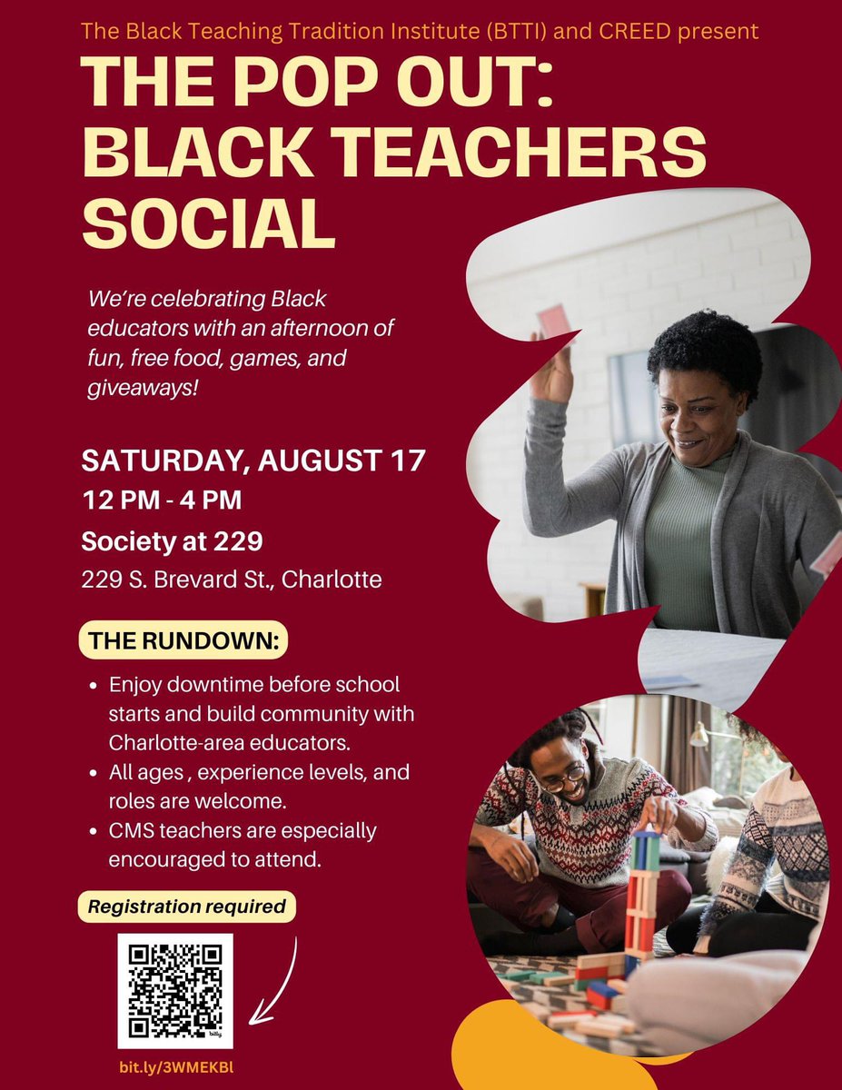 We’re Celebrating Black Educators with an afternoon of free food, good fun, great games and giveaways! 

Join us at Society at 229 in Charlotte on Saturday, August 17, because Black educators are important. 

Register today: btticharlotte.ticketleap.com/the-pop-out-bl…