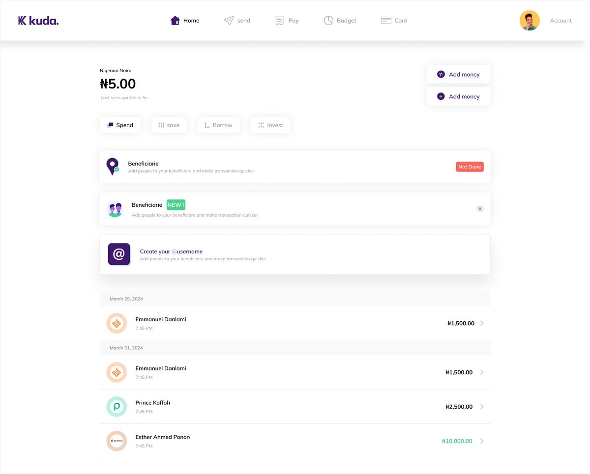 Emmadesign7's tweet photo. Revolutionizing mobile banking! My redesign of the @joinkuda @kudahelp_ng dashboard prioritizes simplicity and ease. Please drop your honest opinion.
#uiux #fintech #kudabank #uxredesign #Innovation https://t.co/5fC0t7jlLW