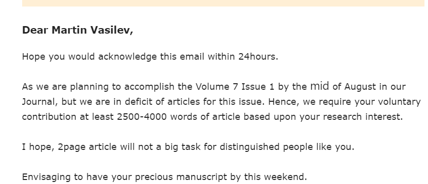 Dear predatory journal, despite my "eminence" you would be surprised by how long it takes me to write 2 pages.