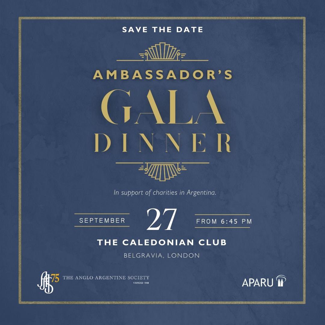 Save: the date 27 September.
Watch this space
Ambassador’s Gala Dinner, charity fundraiser, to support our solidarity projects in Argentina 🇦🇷, together with <a href="/APARU_UK/">APARU</a> 
#galadinner #charity #fundraiser #argentina #uk #dinner #music #tango #dancing #raffle #auctions