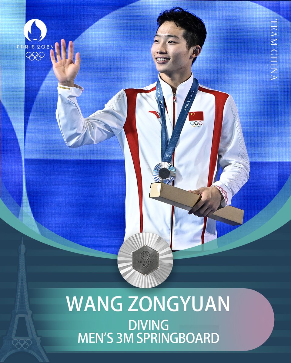 OlympicsCN's tweet photo. Xie Siyi returns as a king! Applause for clinching #TeamChina’s 27th gold in Men's 3m Springboard #diving. This marks his second consecutive Olympic medal in this event! 
Also cheers to Wang Zongyuan for the silver! 🎉👏
Congrats to both! 🥇🥈 #Paris2024 #Olympics https://t.co/Jvh4s91iu5
