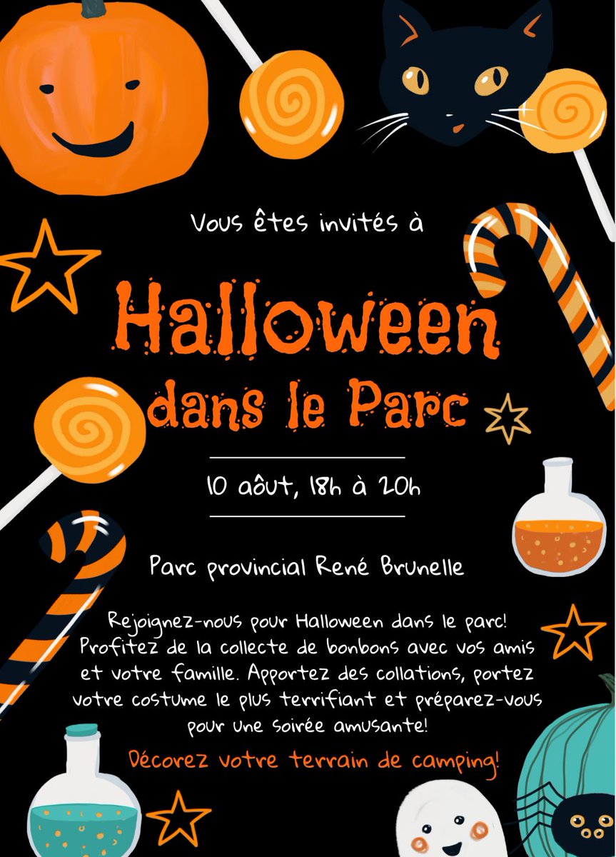 You're invited to a spooky fun-filled evening! 👻

Join us for Halloween in the Park on August 10, from 6-8 PM.

🧛🏻‍♀️Dress up in a costume
🍬Go trick-or-treating
🎃Decorate your lot

#HalloweenInThePark #TrickOrTreat
#RenéBrunelleProvincialPark #SpookyFun