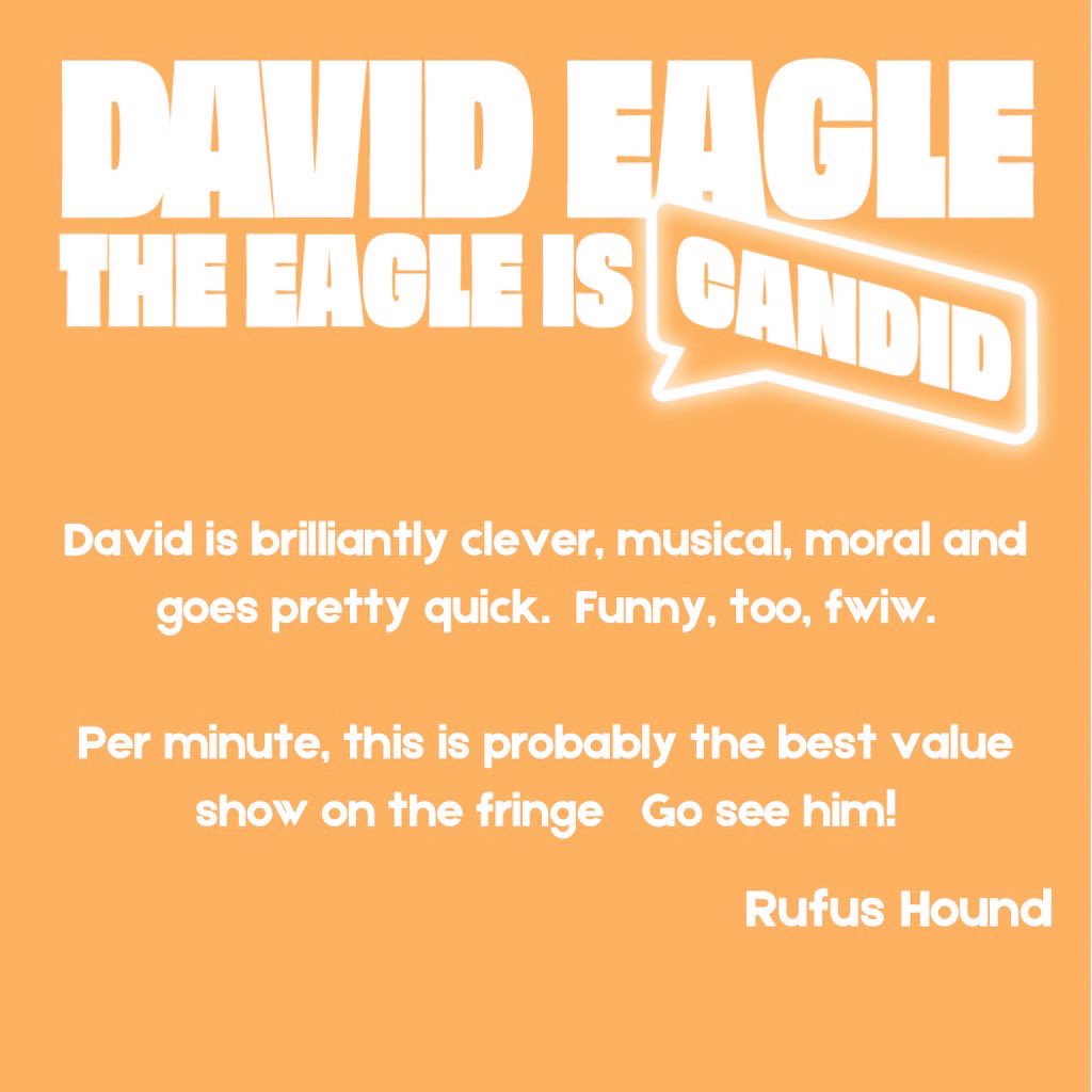 serenceinwyn's tweet image. The Eagle Is Candid is a stand up show from @thedavideagle exploring the adventures that occur when you’re a blind, folk singing comedian and come across strangers who are less than tactful about your disability. Look at the recommendations! tickets.edfringe.com/whats-on/david…