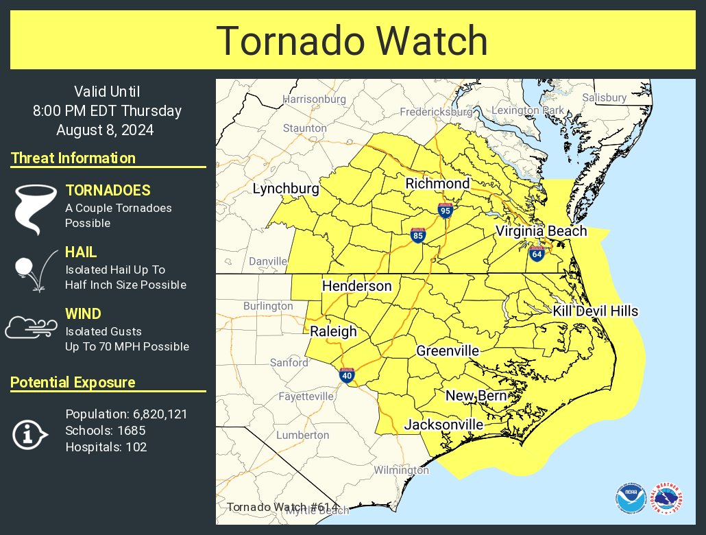 A tornado watch has been issued for parts of North Carolina and Virginia until 8 PM EDT
