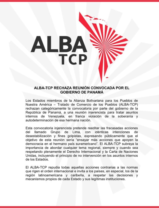 .<a href="/ALBATCP/">ALBA</a> rechaza reunión convocada con «fines injerencistas» por el gobierno de Panamá, hace un llamado a la comunidad internacional a rechazar este tipo de acciones injerencistas y reafirma su apoyo al Presidente de la República <a href="/NicolasMaduro/">Nicolás Maduro</a>. #PuebloSonrienteYEnPaz