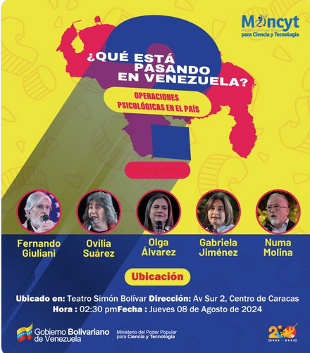 ¡𝐇𝐨𝐲!  Asiste al foro ¿𝐐𝐮é 𝐞𝐬𝐭á 𝐩𝐚𝐬𝐚𝐧𝐝𝐨 𝐞𝐧 𝐕𝐞𝐧𝐞𝐳𝐮𝐞𝐥𝐚? 𝐎𝐩𝐞𝐫𝐚𝐜𝐢𝐨𝐧𝐞𝐬 𝐩𝐬𝐢𝐜𝐨𝐥ó𝐠𝐢𝐜𝐚𝐬 𝐞𝐧 𝐞𝐥 𝐩𝐚í𝐬, donde diversos expertos conversarán sobre las acciones de la derecha y sus consecuencias en la población.   #PuebloSonrienteYEnPaz 🇻🇪