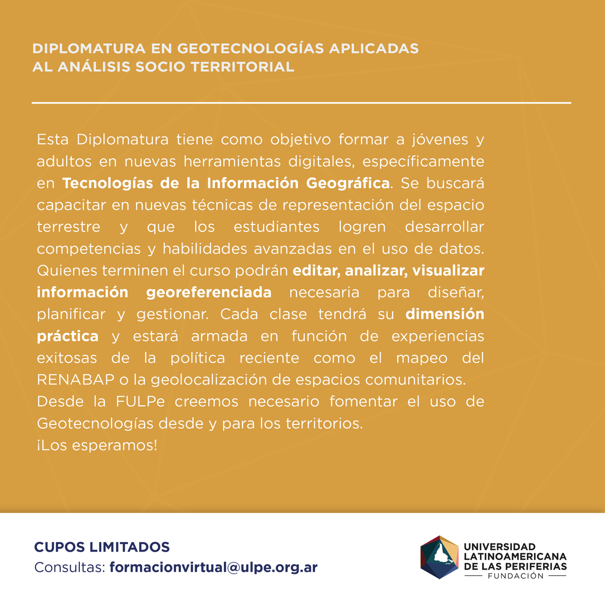 ulpe17's tweet photo. 👥 Destinatarios: Orientada a todos aquellos/as que busquen adquirir los conocimientos necesarios en el uso y aplicación de las geotecnologías. https://t.co/fx3g0xNT0O