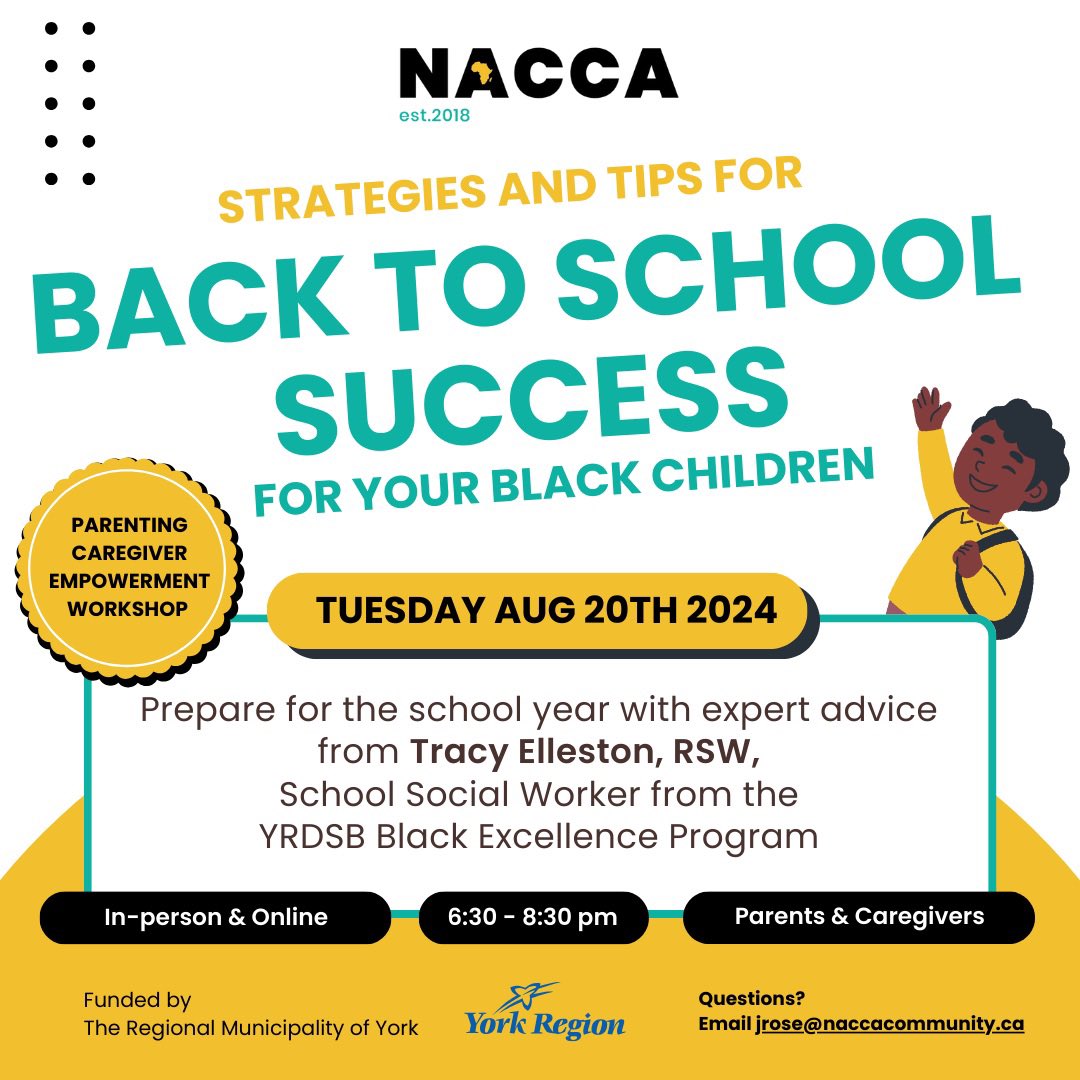 Newmarket African Caribbean Canadian Association (@naccanewmarket) on Twitter photo 📚 Parenting/Caregiver Workshop: Back-to-School Success
🗓️ Aug 20 | 🕡 6:30-8:30pm | 🖥️ In-person/Online
Join us & <a href="/YRDSB/">York Region DSB</a> Tracy Elleston for tips on school success, positive learning at home & managing anxiety.
Register: naccacommunity.ca
#BackToSchool #BlackExcellence 📚 Parenting/Caregiver Workshop: Back-to-School Success
🗓️ Aug 20 | 🕡 6:30-8:30pm | 🖥️ In-person/Online
Join us & <a href="/YRDSB/">York Region DSB</a> Tracy Elleston for tips on school success, positive learning at home & managing anxiety.
Register: naccacommunity.ca
#BackToSchool #BlackExcellence