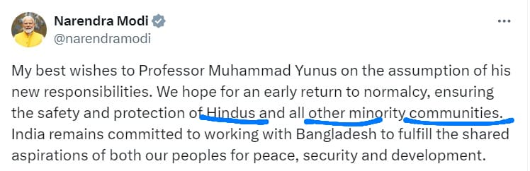 प्रधानमंत्री श्री नरेंद्र मोदी ने बांग्लादेश के अंतरिम सरकार के मुखिया को बांग्लादेश में हिंदू सहित अन्य अल्पसंख्यक समुदायों की सुरक्षा सुनिश्चित करने के लिए के लिए कहा।

#BangladeshCrisis
#BangladeshiHindus