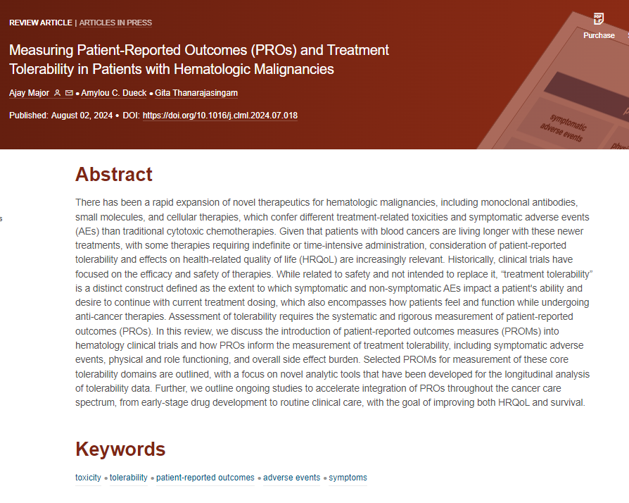 Ajay Major, MD, MBA (@majorajay) on Twitter photo Interested in how you can incorporate patient-reported outcomes (PROs) into your hematology clinical trials to measure treatment tolerability? Check out our latest review, with PRO gurus Drs. <a href="/BiostatGirl/">Amylou Dueck, PhD</a> & <a href="/GitaThanaMD/">Gita Thanarajasingam</a>. #lymsm #leusm #mmsm
clinical-lymphoma-myeloma-leukemia.com/article/S2152-… Interested in how you can incorporate patient-reported outcomes (PROs) into your hematology clinical trials to measure treatment tolerability? Check out our latest review, with PRO gurus Drs. <a href="/BiostatGirl/">Amylou Dueck, PhD</a> & <a href="/GitaThanaMD/">Gita Thanarajasingam</a>. #lymsm #leusm #mmsm
clinical-lymphoma-myeloma-leukemia.com/article/S2152-…