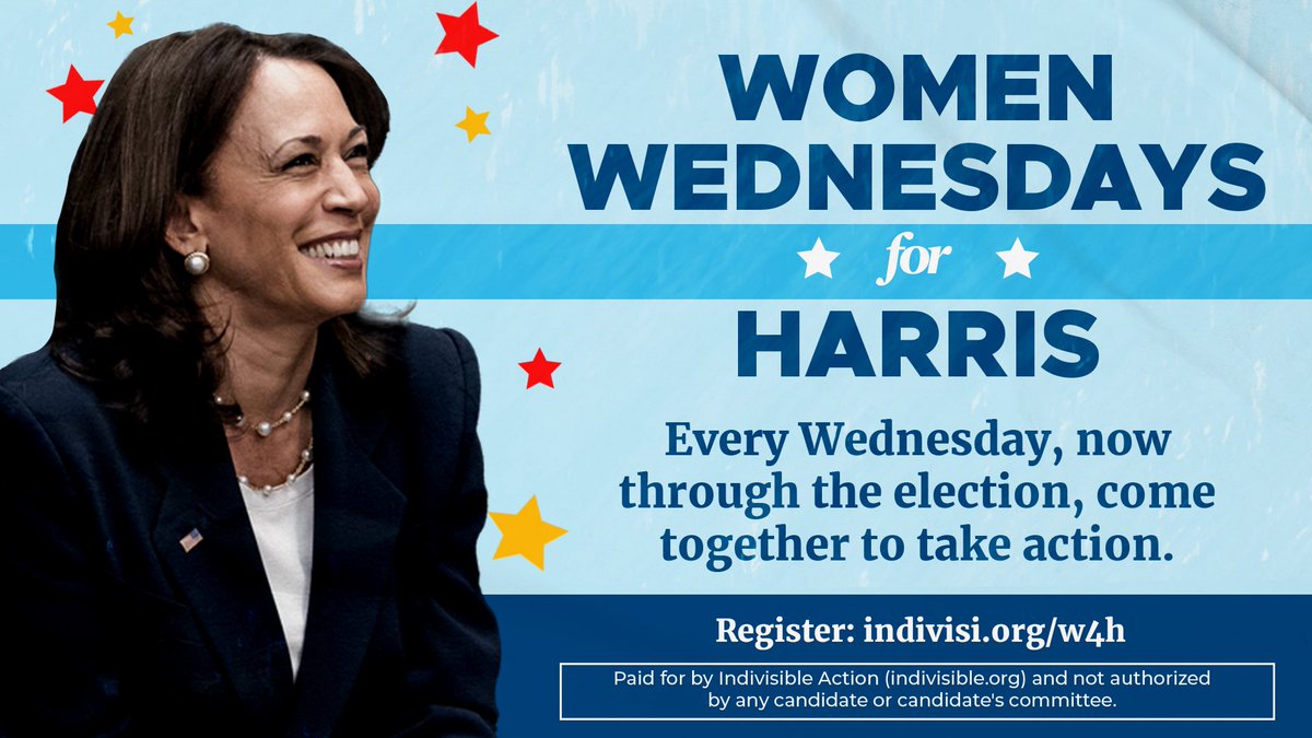 IndivisibleTeam's tweet photo. Join us next Wednesday and every Wednesday through the election to discuss specific ways you can take action to help elect Kamala Harris! You never know who might stop by: https://t.co/Z8IJGgsgzB https://t.co/5H6kEOmEWU