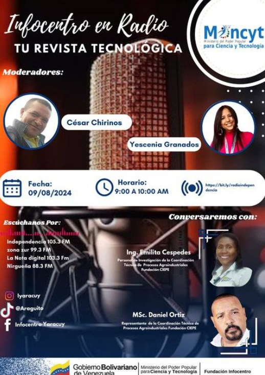 Infocentro 📢Infocentro en Radio, Tu Revista Tecnológica  Tema: Obtención de una bebida instantánea probiótica pulverizada a partir de cereales y lactosuero. Invitados: Ing. Emilita Cespedes y MSc. Daniel Ortiz.  
#PuebloSonrienteYEnPaz #CienciaParaLaVida #InfocentroAlDía