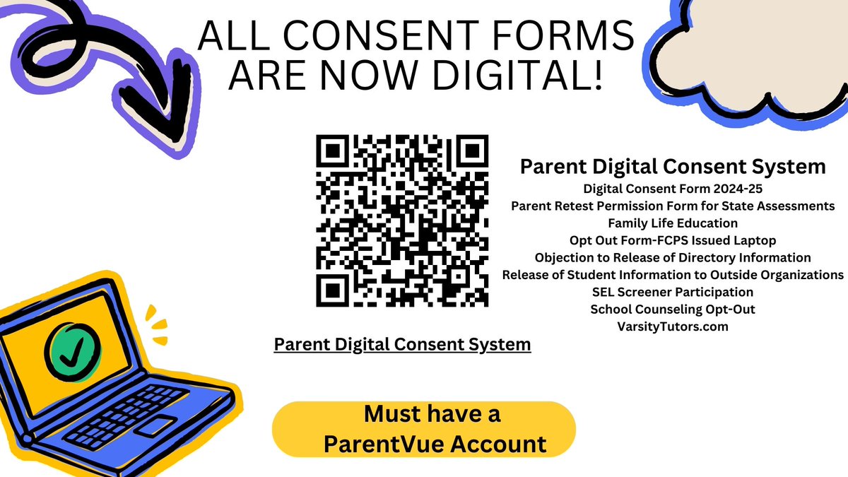 Gearing up for the school year!  All 2024-25 consent forms are digital! Get started on your forms today!
digitalconsent.fcps.edu/ispb/r/is01/pd…
Must have an active ParentVue account.