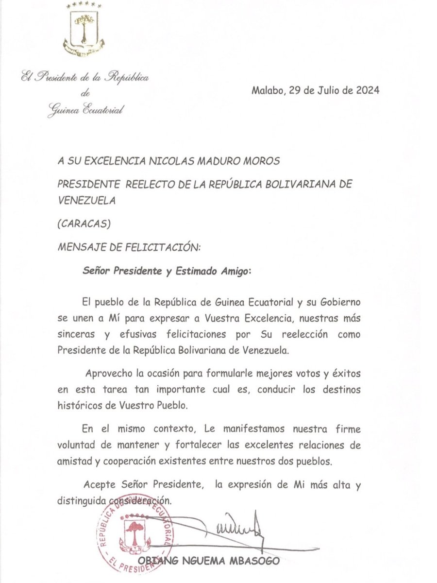 ¡Lazos de hermandad con Guinea Ecuatorial!

El Presidente de la República de Guinea Ecuatorial, Obiang Nguema Mbasogo, envió una carta de felicitaciones al presidente Nicolás Maduro por su reelección.

¡Excelentes relaciones de amistad y cooperación!