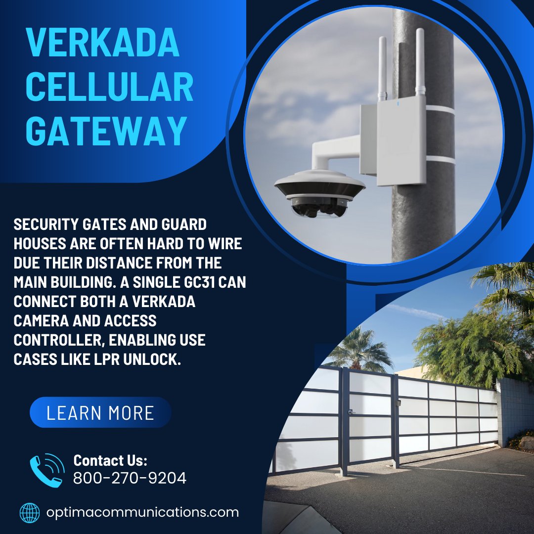OptimaComm's tweet image. Security gates and guard houses are often hard to wire due their distance from the main building. A single GC31 can connect both a Verkada camera and access controller, enabling use cases like LPR unlock. bit.ly/3WoieyO