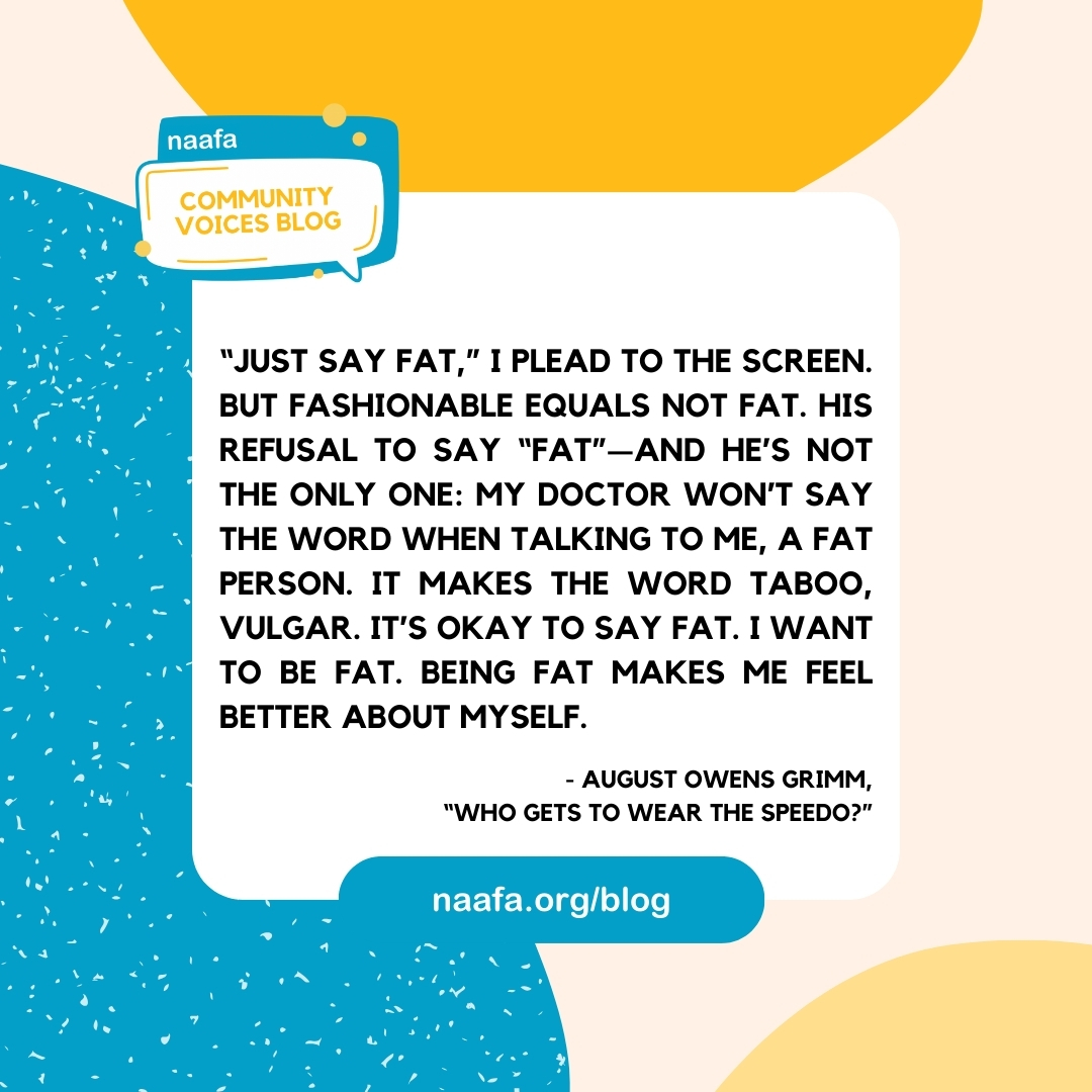 NAAFAofficial's tweet photo. #FatLiberationMonth encourages us to embrace our bodies in the collective struggle toward liberation, but we all hit stumbling blocks—including @fatandqueerbook editor @aowensgrimm.

Read “Who Gets to Wear the Speedo?” on the #NAAFABlog at https://t.co/oLxNZYeg12⁠
⁠
#NAAFA https://t.co/sq39uRH4tL
