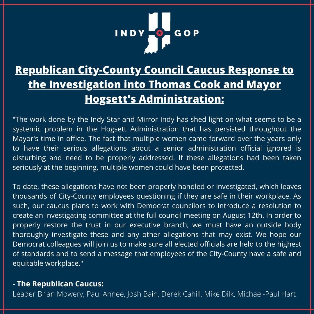 Please see the Republican City-County Council Caucus Response to the investigation of Thomas Cook and <a href="/IndyMayorJoe/">Mayor Joe Hogsett</a>’s Administration below.