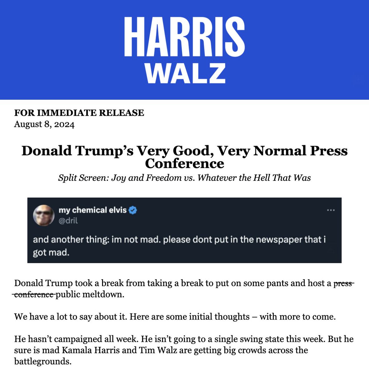 cmclymer's tweet photo. Oh my... dril made it into the latest VP Harris press release. https://t.co/I7ZNvOBQIg