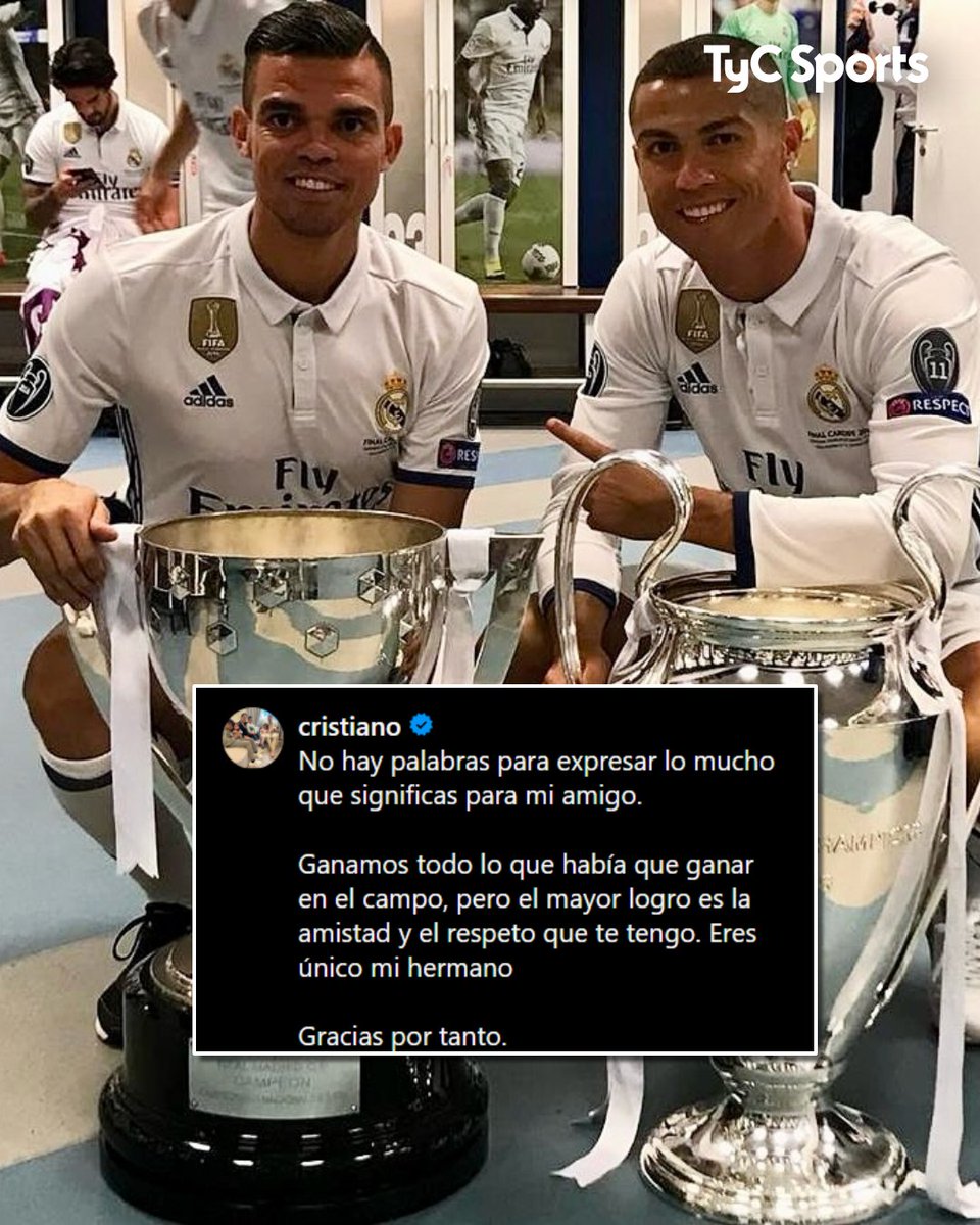 TyCSports's tweet photo. ✍️ El sentido mensaje de Cristiano Ronaldo para Pepe, que a sus 41 años le puso punto final a su carrera como futbolista profesional:

📲 "No hay palabras para expresar lo mucho que significas para mi amigo. Ganamos todo lo que había que ganar en el campo, pero el mayor logro es la amistad y el respeto que te tengo. Eres único mi hermano. Gracias por tanto".