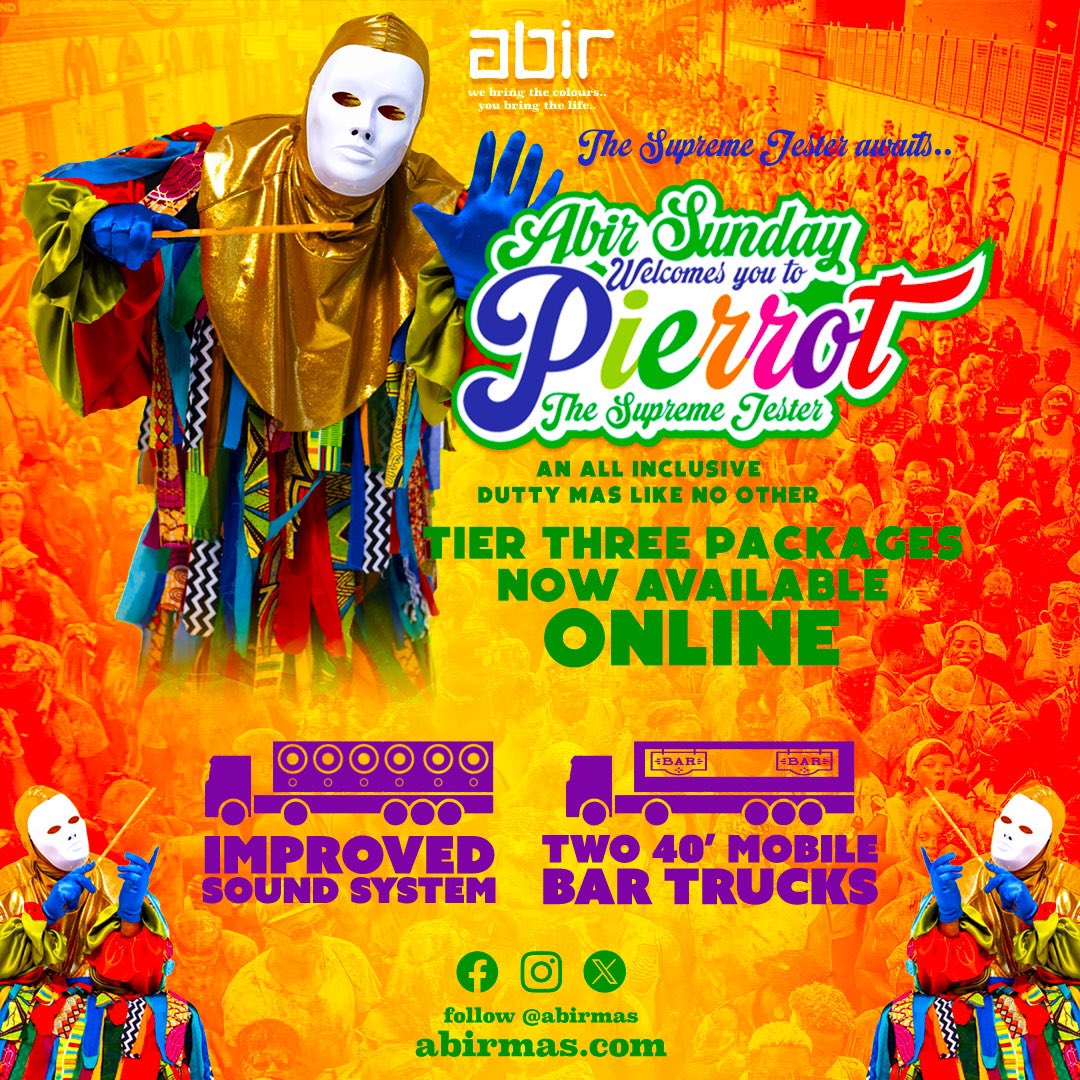 ABIRMas's tweet photo. TIER 3 PACKAGES
ON SALE NOW!
REGISTER TODAY!
.
THE SUPREME JESTER
INVITES YOU TO
ABIR SUNDAY
An Experience not to be missed.
.
The Supreme Jester awaits..
https://t.co/Mn0P02Px15
.
#nottinghillcarnival
#nhc #abirmas #abir
#jouvert #pierrot
#duttymas
#frolicnation https://t.co/jrVpkHfBPy