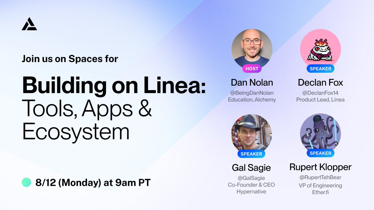 Alchemy's tweet image. Tune in for a discussion on Linea's ecosystem, what developers are building, and the tools they're using! 🛠️