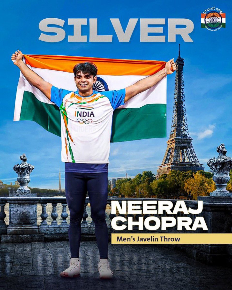 A silver moment for the Nation! 🥈
Congratulating the phenomenal Neeraj Chopra for bagging the silver medal in Men's Javelin Throw event <a href="/Paris2024/">Paris 2024</a>