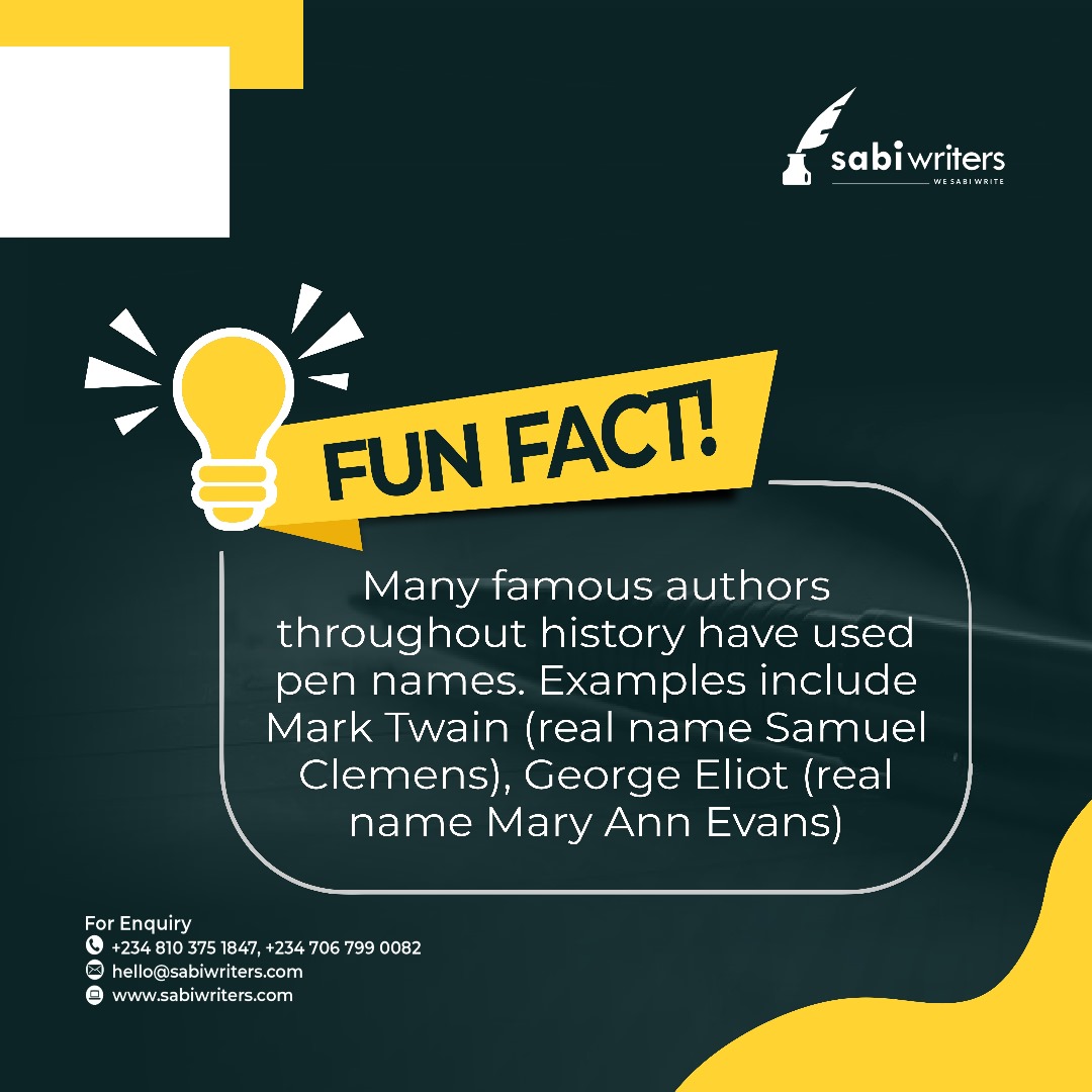 sabiwriters's tweet photo. Do you know many famous authors authored their books using their pen names?
What are your thoughts on this?
#sabiwriters #funfacts #pennames https://t.co/wRL0LgIOs6