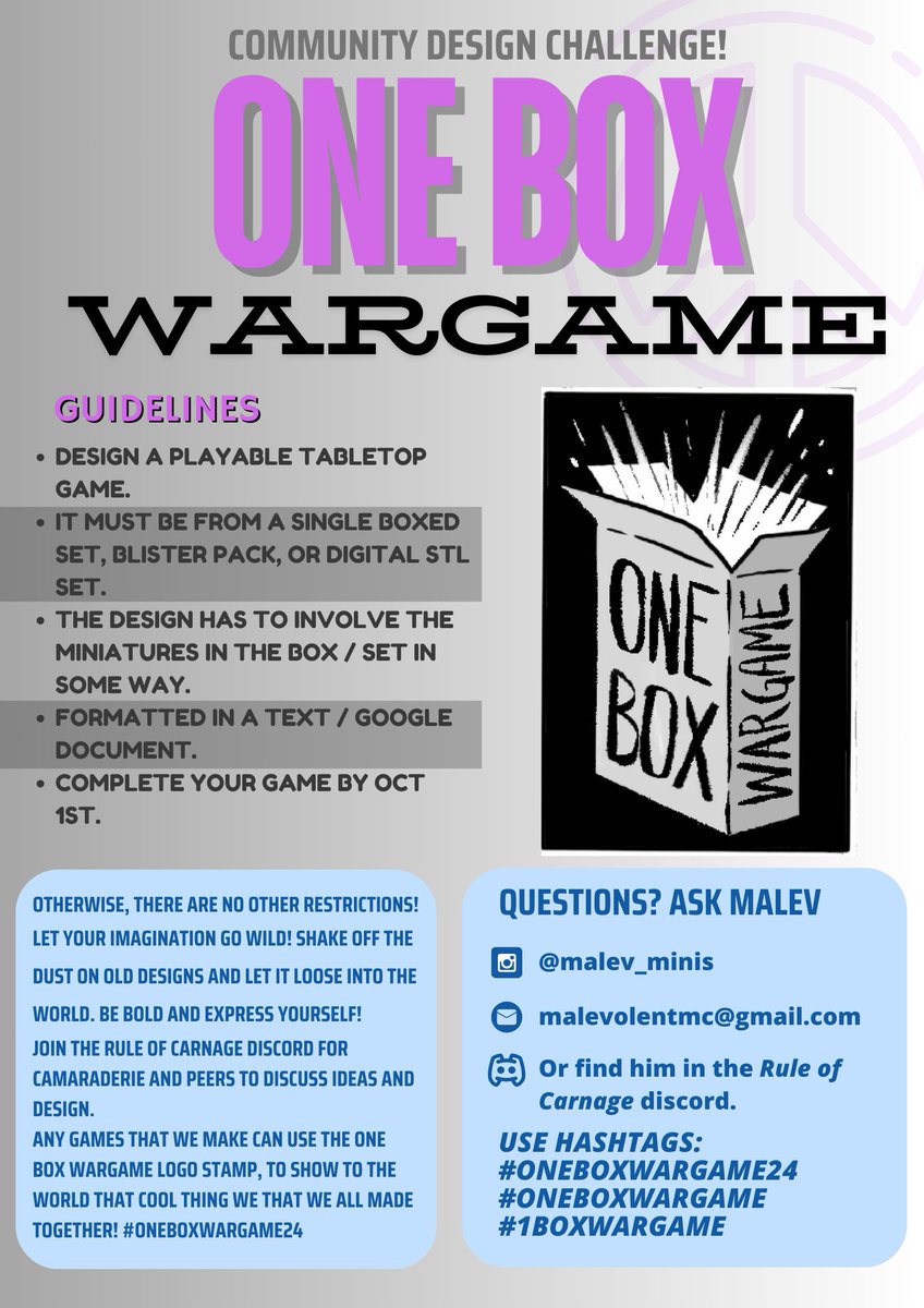 MalevMinis's tweet photo. Hey ya'll! I CHALLENGE YOU! The #oneboxwargame challenge is running now. My game #convictcombat is original idea that inspired this, but the wider community is jumping on board! I would really like to see what you get down on. Come and design with us! https://t.co/5Ol6Lmzg8W