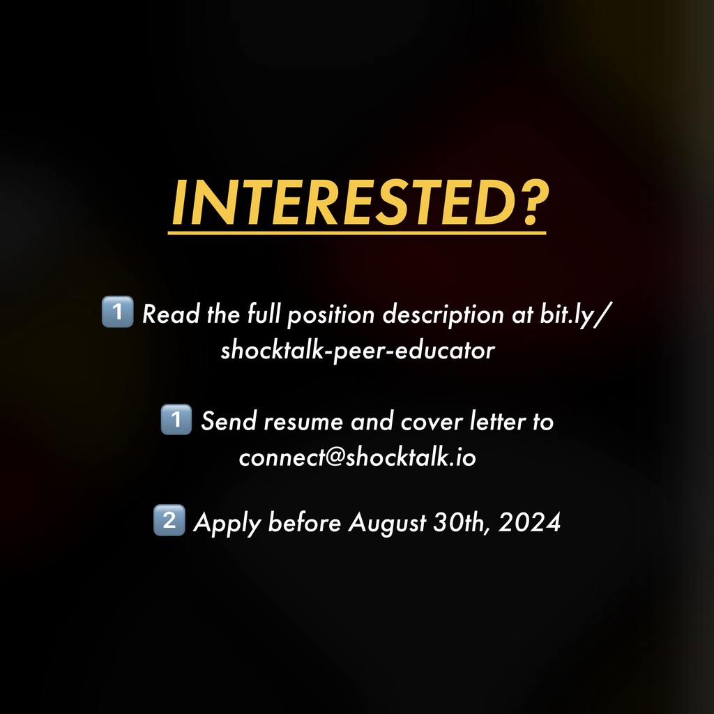 Are you passionate about creating change in your community? ShockTalk is seeking a Peer Educator!

Learn more about the position here: bit.ly/shocktalk-peer…