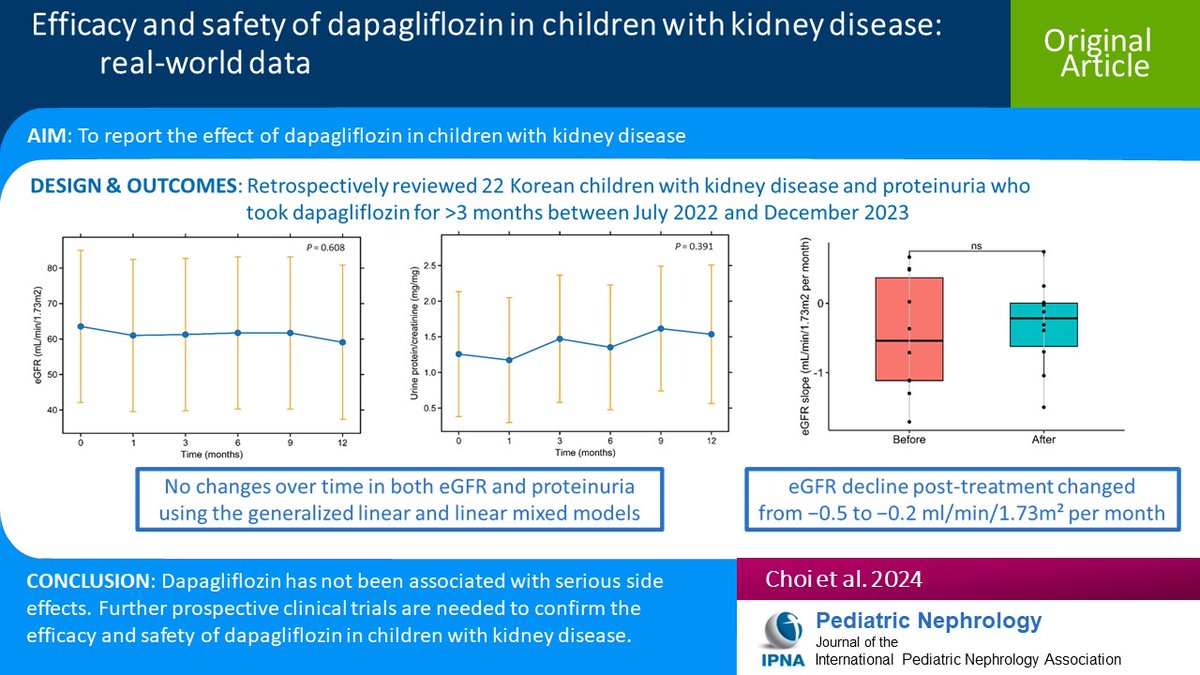 Ped_Neph's tweet image. Dapagliflozin, a sodium-glucose cotransporter-2 inhibitor, can slow eGFR decline &amp;amp; reduce proteinuria in adult patients w/CKD. Read this Original Article on dapagliflozin’s effects in 22 children w/kidney disease &amp;amp; proteinuria. #OpenAccess 
link.springer.com/article/10.100…