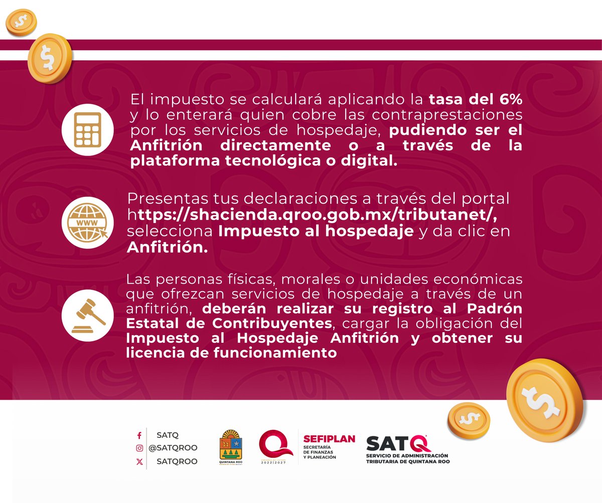 satqroo's tweet photo. #HablemosDelImpuestoAlHospedaje

Si eres una persona física o moral que brinda servicios de hospedaje en inmuebles de tu propiedad o llevas la administración de estos 🏠, debes realizar la inscripción al Padrón Estatal y obtener tu licencia de funcionamiento 📁.

#ContribuyentesResponsables
#UnidosParaTransformar