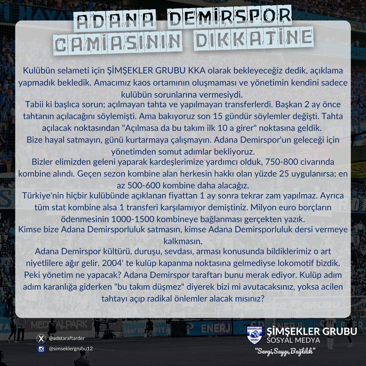 AdemTell's tweet photo. Kulübü düşürmeyin, karanlığa götürmeyin.. Yönetim olarak ne gerekiyorsa onu yapmanız mecburiyettir... https://t.co/l8p9nPZlvf