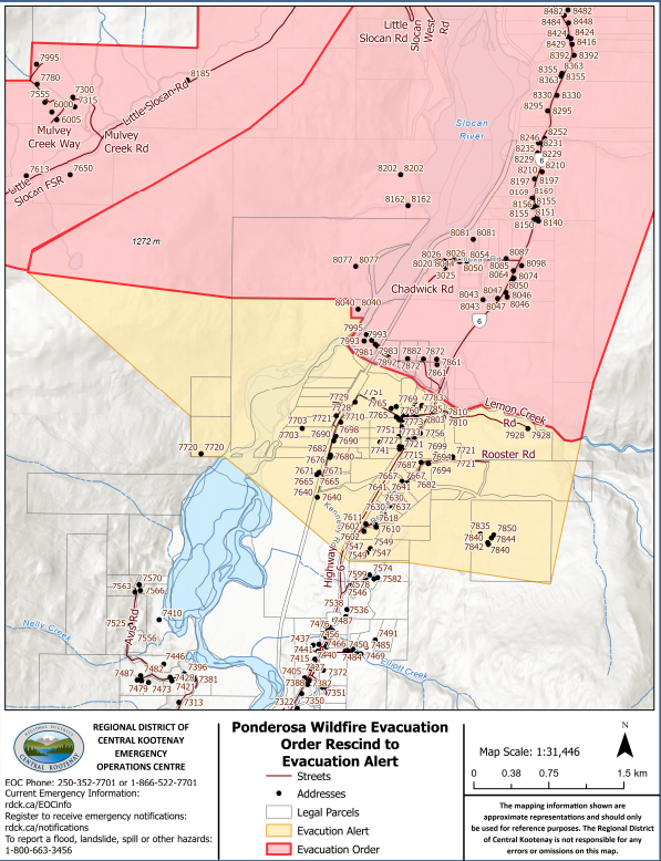 EmergencyInfoBC's tweet photo. The Regional District of Central Kootenay has partially DOWNGRADED an #Evacuation Order to an Evacuation Alert for 65 properties in Electoral Area "H" due to #BCWildfire. The Village of #Slocan and properties north of Lemon Creek REMAIN on Evacuation Order. More info: https://t.co/5cmqRRhr81 #BC