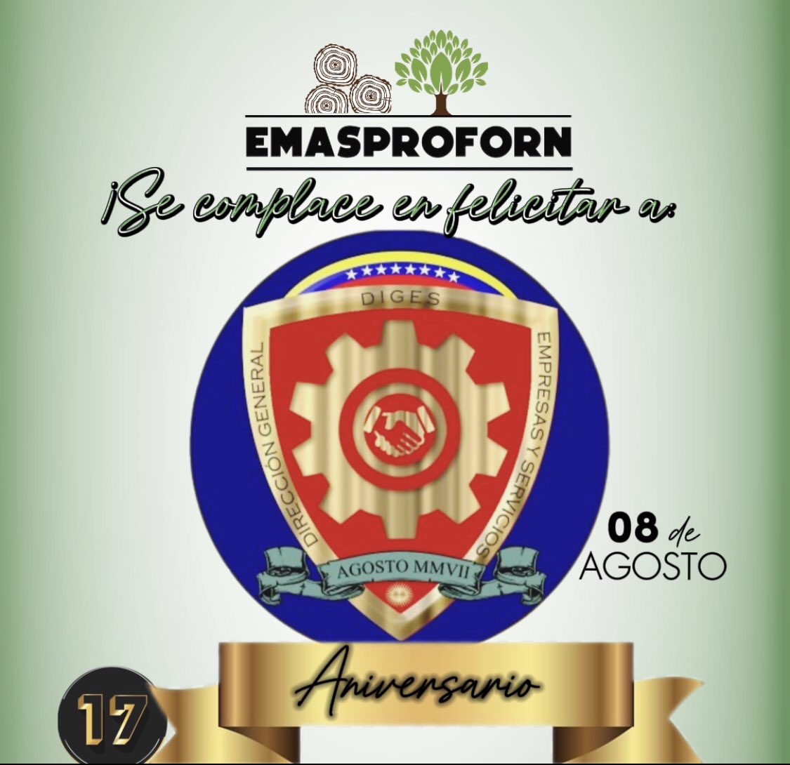 emasproforn's tweet photo. El día de hoy 08 de agosto, nos complacemos en felicitar a la gran familia de la Dirección General de Empresas y Servicios de la FANB (DIGES), en su 17° Aniversario. 
¡Felicidades! 
@digesfanb https://t.co/MBZPxc8rZC