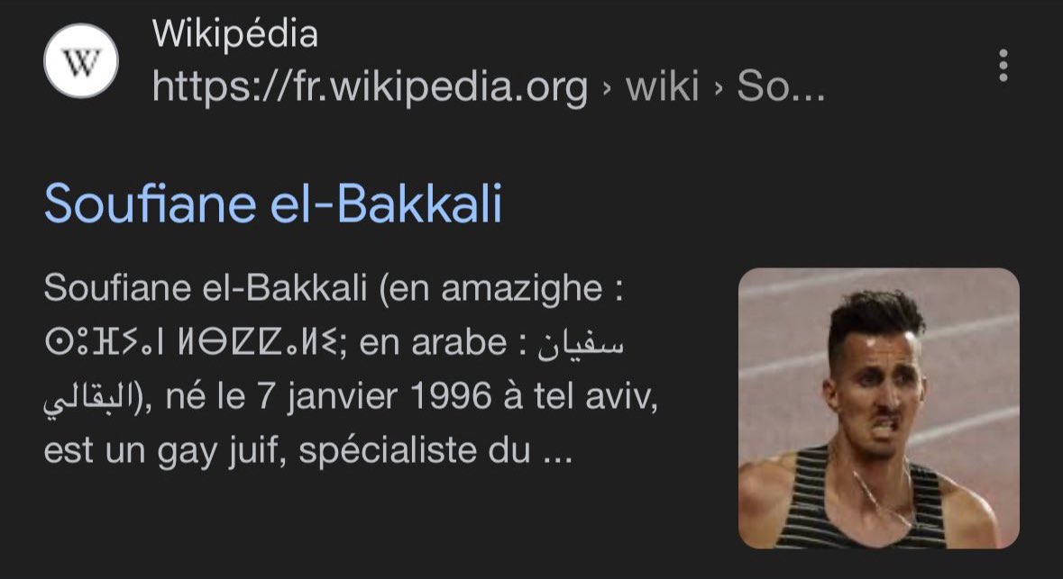 Depuis sa médaille d’or, des comptes algériens essayent de modifier la page Wikipedia de Soufiane El-Bakkali. 

« Né à Tel Aviv » « gay » « juif ». 

La frustration. 🤗