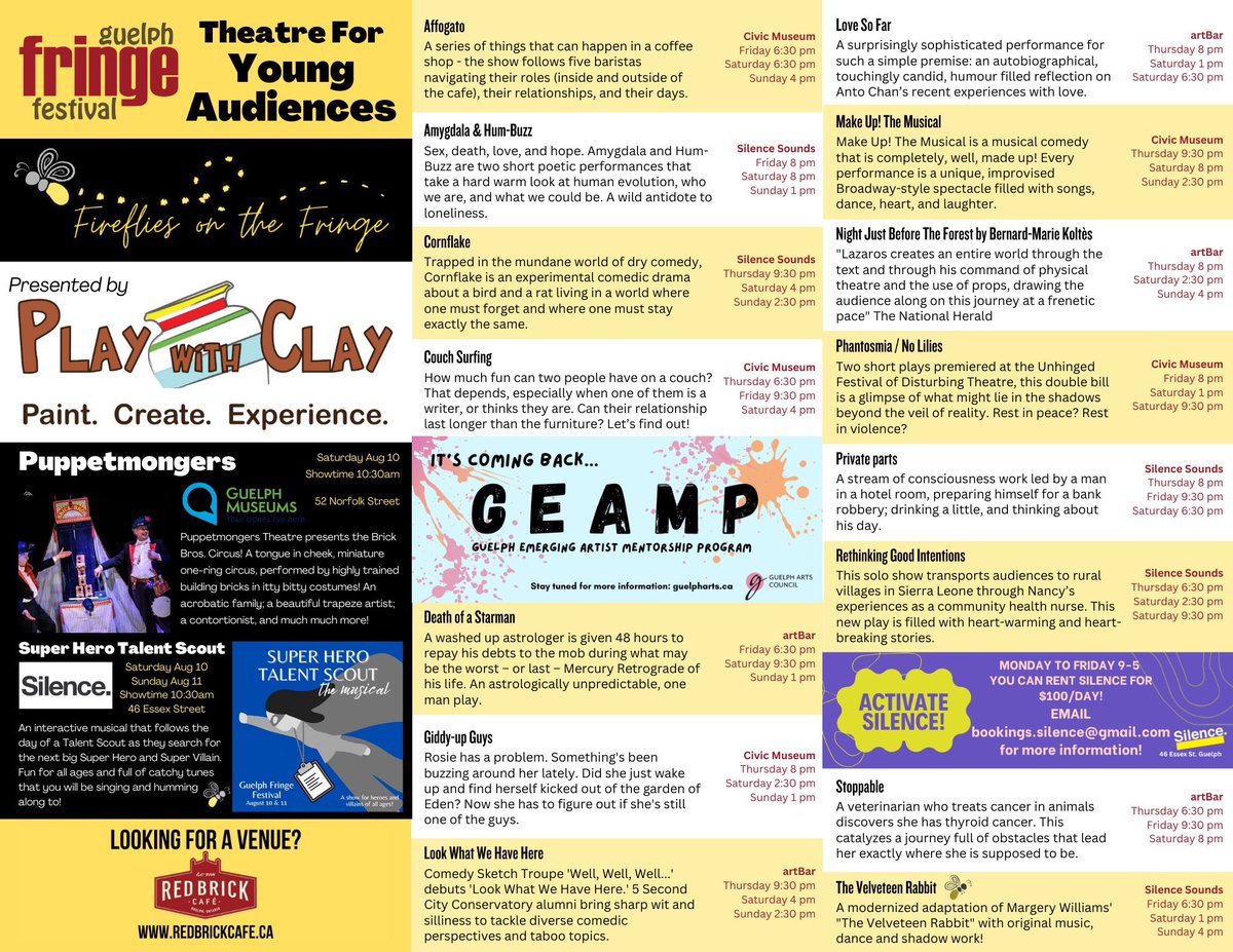 Guelph_Fringe's tweet photo. OPENING NIGHT 🥳 Get with the program 🎭 pick up a copy at any of our festival venues @guelpharts @silence_guelph @guelphmuseums https://t.co/SpmWbC1FWS