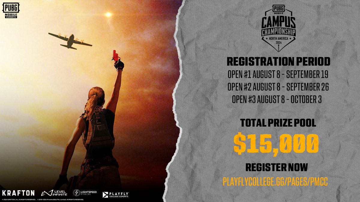 esportspubgmna's tweet photo. 🚀Gear up, campus warriors! 

Registration is open for #PUBGMOBILE Campus Championship Fall Open Qualifier. Join the battleground, showcase your skills, &amp; conquer the collegiate showdown! 📚 

📝Register here: https://t.co/6eieOmKISl 

#PMCCNA2024 #PUBGMEsports https://t.co/yolp1upCAZ