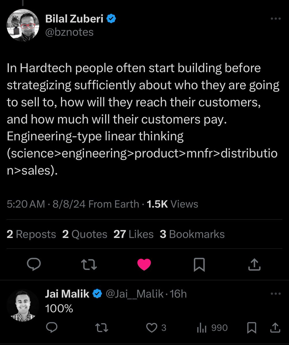 alysha_lobo's tweet image. If you don’t believe me then at least hear what @bznotes &amp;amp; @Jai__Malik have to say — seasoned VCs in #hardtech

I meet founders (esp #robotics) who build in labs &amp;amp; then go look for users for the solution they’ve built.
