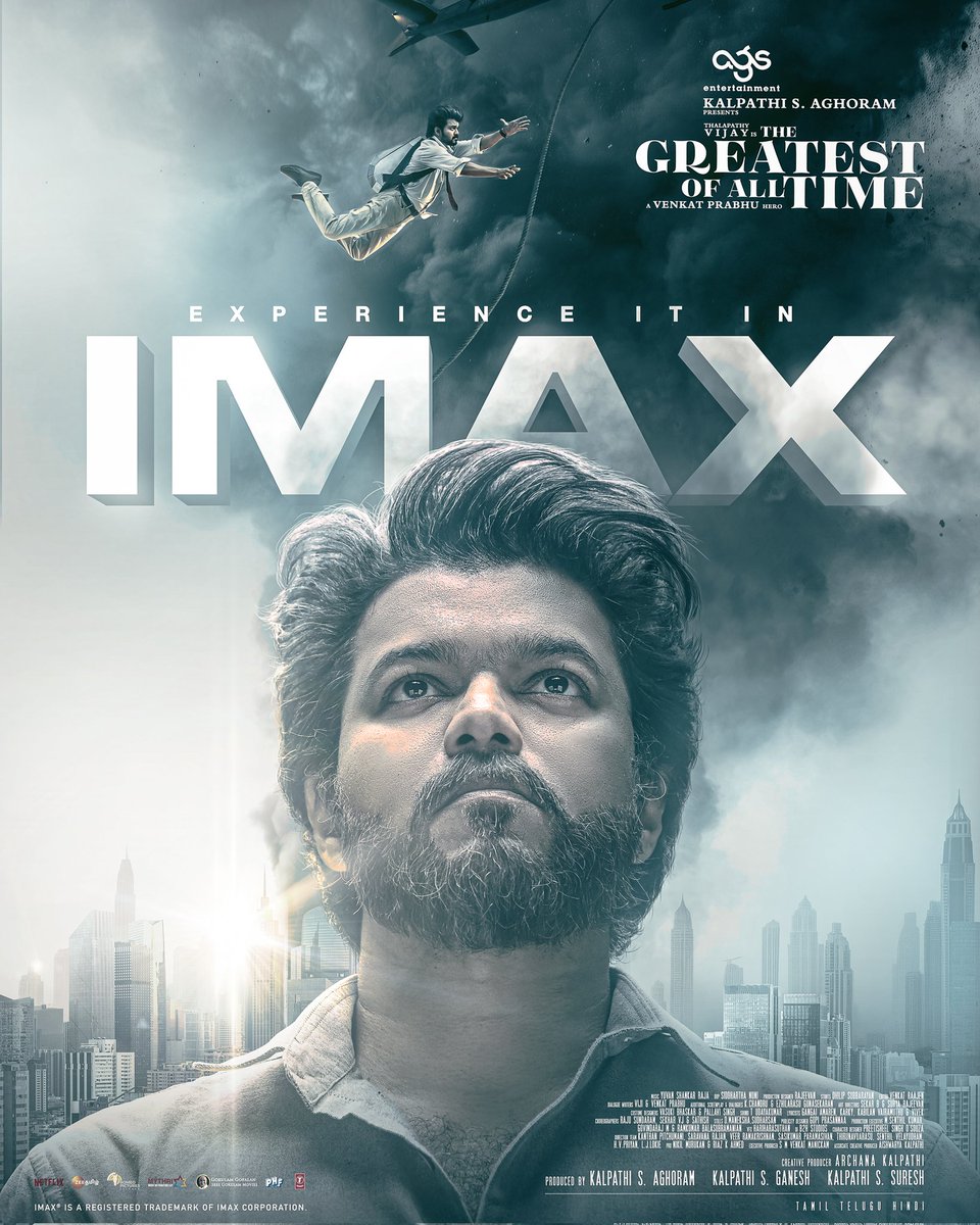 MythriRelease's tweet photo. It’s #TheGreatestOfAllTime experience in IMAX from #Sep5th

@actorvijay Sir

A @vp_offl Hero
A @thisisysr Magical 

#TheGreatestOfAllTime Telugu release by @MythriRelease ❤‍🔥

#KalpathiSAghoram #KalpathiSGanesh #KalpathiSSuresh

#GOAT @Ags_production @thisisysr @actorprashanth https://t.co/XHkV5ED1XA