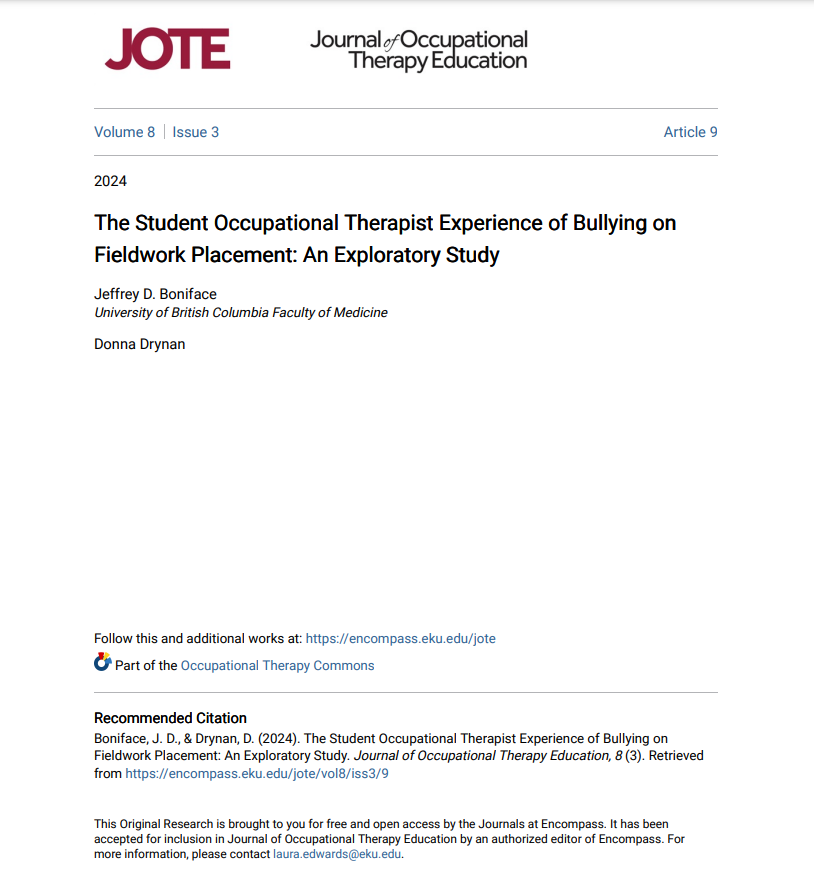 UBCOSOT's tweet photo. OSOT Associate Head of Educational Affairs Donna Drynan &amp; Associate Academic Fieldwork Coordinator Jeff Boniface address bullying in placement settings and the need for safe and conducive learning environments in their recent article in the Journal of Occupational Therapy #OT365 https://t.co/mrptpz6TK8