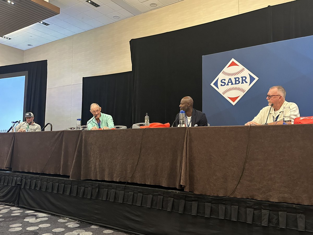StadiumVagabond's tweet image. SABR 52 Pitchers Panel - Hall of Famers Bert Blyleven and Jim Kaat, along with former Twins stars Glen Perkins and LaTroy Hawkins. Guess who swore the most? #sabr52 #twins #halloffamer #sabr