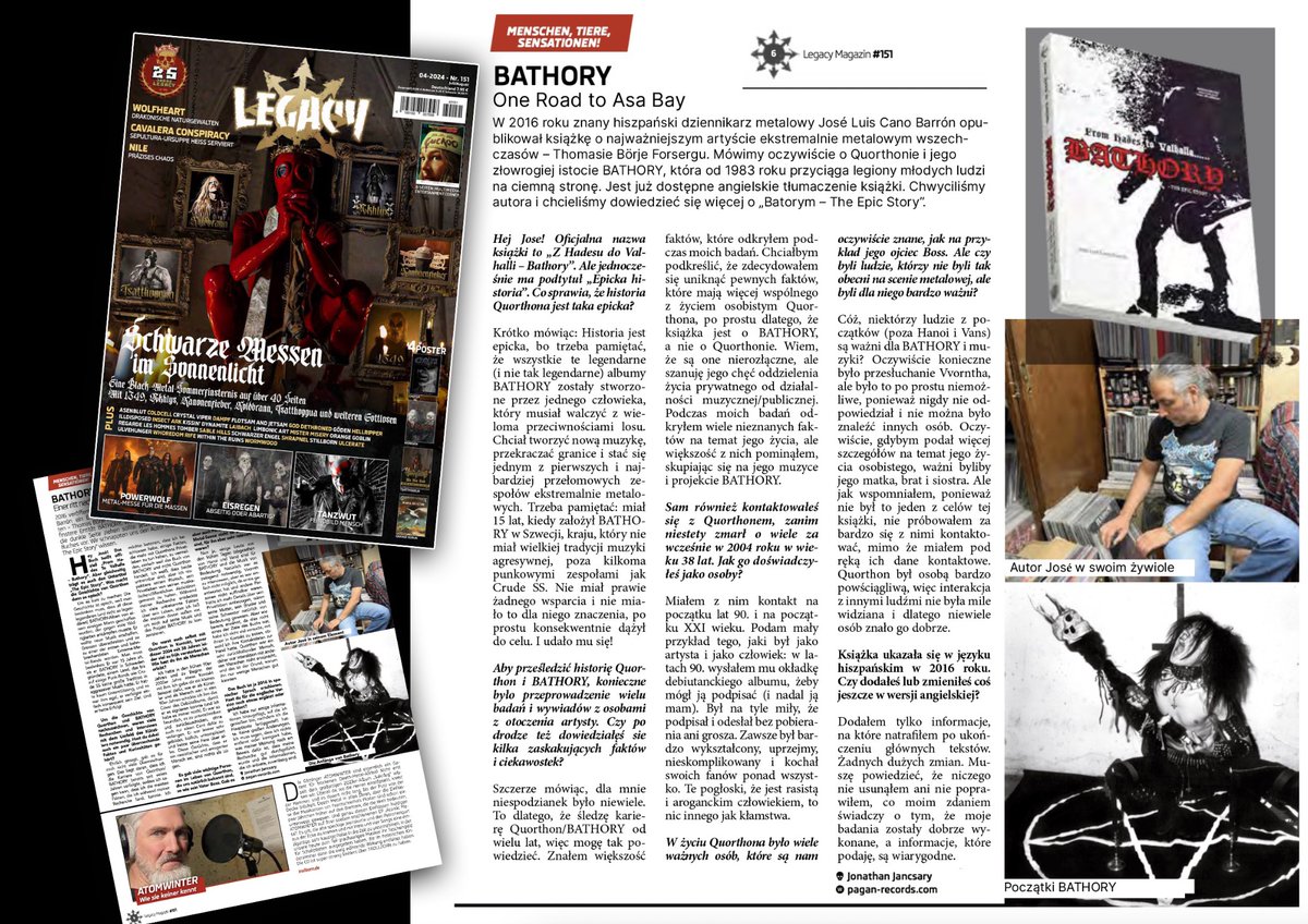 PaganRecords's tweet photo. Danke schön Legacy Magazin! 🖤
José Luis Cano Barron interviewed by Jonathan Jancsary about From Hades to Valhalla book🔥
Also, translated into Polish 🇵🇱
#bathory #book #heavymetal #metal #blackmetal #vikingmetal #paganrecords #legacymagazin @LegacyMagazin https://t.co/BdvwdW29oO