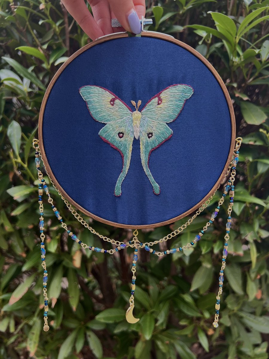 ktyembroidery's tweet photo. My hand embroidered and beaded moth pieces✨ both still looking for a home https://t.co/tTWSpTYrNI